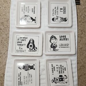 Set of Six White and Black Cartoon Vintage Famous Maxims Novelty Dish - Coasters
